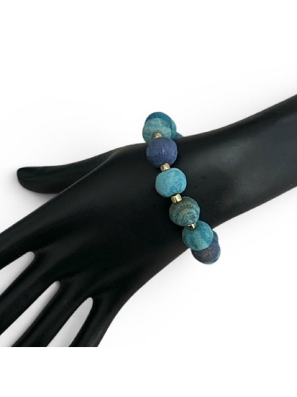 World Finds Kantha Bauble Bracelet in Azure Blues Upcycled Sari Fabric